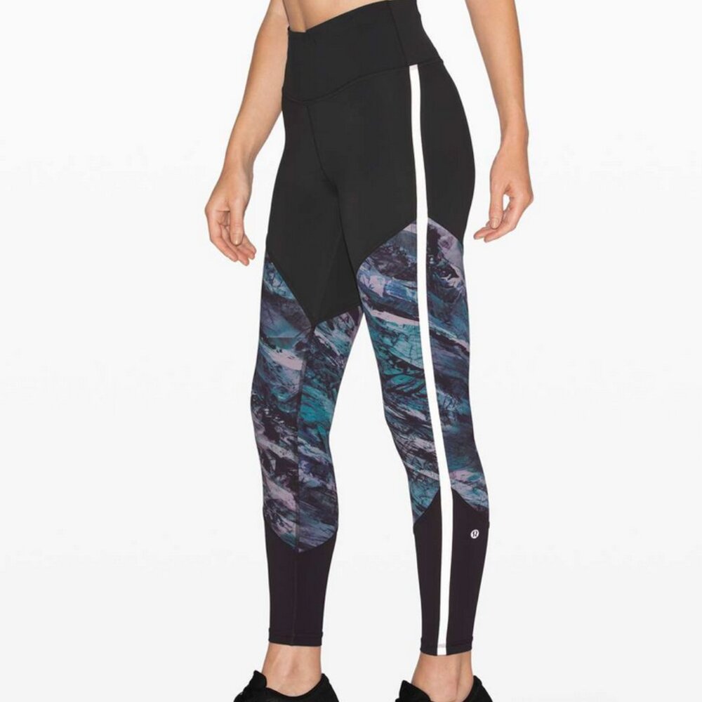 EUC Lululemon Run to Reset Tight 25" Black Blue Frozen Island Multi 6 Reflective